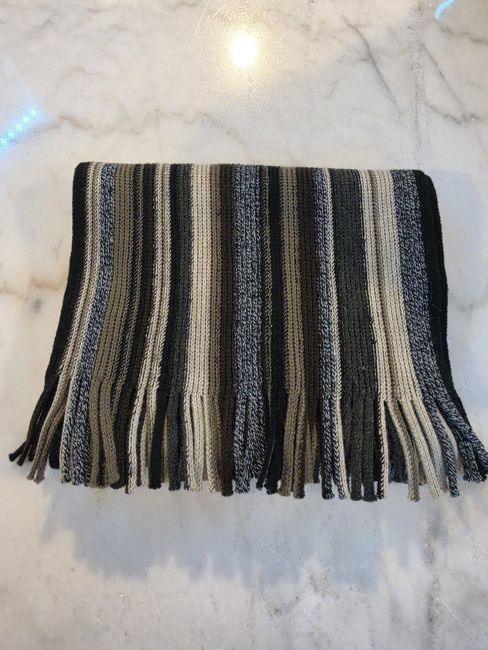 V. Fraas Striped Fringe Knit Scarf Brown Grey Black Vertical Ribbed Muffler